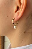 Birinci1926 14 Ayar Altın Kadın Büyük Halka 8 MM Sallantılı İnci Charm Küpe