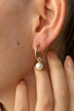 Birinci1926 14 Ayar Altın Kadın Büyük Halka 8 MM Sallantılı İnci Charm Küpe