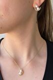 Birinci1926 14 Ayar Altın  Kadın Çift Beyaz İncili Kolye Küpe İkili Set