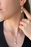 Birinci1926 14 Ayar Altın Kadın Beyaz Yaprak Taşlı İnci Sallantılı Kolye Küpe Set