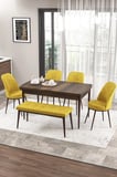 Zen Serisi 80x132 Mdf Açılabilir Barok Ahşap Desen Masa Takımı 4 Hardal Sandalye Ve 1 Bench