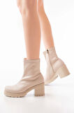 767-3012 Streç Bej Fermuarlı Kalın Topuklu Günlük Kadın Bot