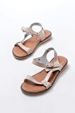 205-090 Bej Hakiki Deri Tokalı Kadın Sandalet