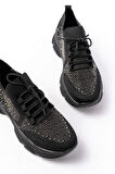3002  Siyah Bağcıklı Fileli Taş Aksesuarlı Günlük Spor Ayakkabı