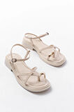 S-101 Bej Parmak Arası Taş Detaylı Günlük Kadın Sandalet