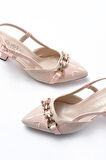 K-250 Pudra Keten Günlük Arkası Açık Tokalı Topuklu Kadın Ayakkabı