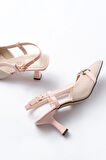 K-250 Pudra Keten Günlük Arkası Açık Tokalı Topuklu Kadın Ayakkabı