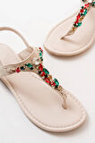 152-1110 Bej Multi Taşlı Parmak Arası Kadın Sandalet