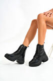 Fz-2550 Siyah Rugan Yüksek Tabanlı Bağcıklı Fermuarlı Günlük Kadın Bot