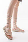 1001-1001 Bej Bilekten Bağcıklı Kadın Sandalet