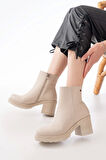 767-3020 Bej Fermuarlı Kalın Topuklu Günlük Kadın Bot