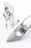 İnf-260 Gümüş Simli Günlük Arkası Açık Baret Tokalı Topuklu Kadın Ayakkabı