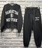 Manhattan New York Baskılı Regular/normal Kalıp 3 Ip Şardonlu Kadın Alt Üst Eşofman Takımı
