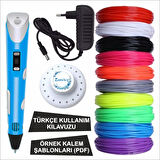 Mavi Renk 3D Kalem + 25 Renk Toplam 50 Metre Pla Filament + Şablon