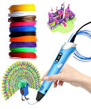 Mavi Renk 3D Kalem + 25 Renk Toplam 50 Metre Pla Filament + Şablon