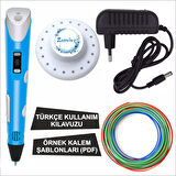 Mavi Renk 3D Kalem + 3 Renk Toplam 10 Metre Pla Filament + Şablon