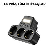 3’lü Duvar Tipi Akım Korumalı Priz | 2 USB-A + 2 Type-C Girişli | LED Gece Lambalı Akıllı Çoklu Priz