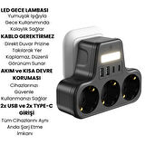 3’lü Duvar Tipi Akım Korumalı Priz | 2 USB-A + 2 Type-C Girişli | LED Gece Lambalı Akıllı Çoklu Priz