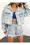 Kadın Çift Cepli Yıkamalı Crop Denim Kot Ceket