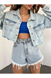 Kadın Çift Cepli Yıkamalı Crop Denim Kot Ceket