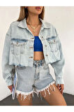 Kadın Çift Cepli Yıkamalı Crop Denim Kot Ceket
