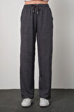 KADIN ANTRASİT KETEN KARIŞIMI SALAŞ PANTOLON BOL KESİM RAHAT KALIP BEL LASTİKLİ STİL KESİM