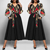 Kadın Uzun Kollu Kruvaze Yaka Dalgıç Krep Midi Boy Elbise