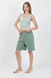 Kadın Kalın Askılı Pamuk Penye Şortlu Crop Takım SuYeşili