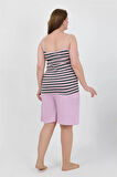Kadın Büyük Beden İp Askılı Penye Şortlu Takım Lila