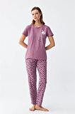 Kadın Mor Patili Tavşan Baskılı Cepli Pijama Takımı