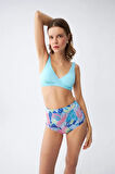 Kadın Pedli Üst Tropik Desenli Yüksek Bel Bikini Takımı - Buz Mavisi