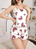 Kadın Beyaz Kalp desenli Şortlu Gecelik Pijama Takımı 5052