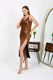 Kadın İp Askılı Uzun Parlak Micro Elbise Gecelik Kahverengi