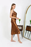 Kadın İp Askılı Uzun Parlak Micro Elbise Gecelik Kahverengi