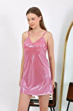 İp Askılı Micro Kumaş Kısa Parlak Gecelik Ev Giyim Pembe