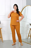 Kadın Büyük Beden Kısa Kol Penye Pijama Takımı Hardal