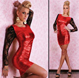 B101390 Dantel Kol Parlak Elbise