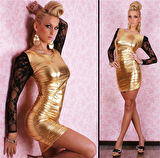 B101390 Dantel Kol Parlak Elbise