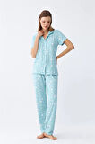 Kadın Buz Mavisi Yıldız Desenli Önden Düğmeli Pijama Takımı