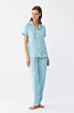 Kadın Buz Mavisi Yıldız Desenli Önden Düğmeli Pijama Takımı