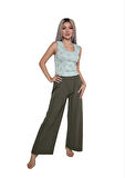 Kadın Kalın Askılı Body Bol Paça Pantolon 2`li Takım Su Yeşili