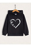 Kız Çocuk Siyah Kalpli Kelebekler Kalp Baskılı Sweatshirt