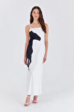 Saten At Grafikli Maxi Slip Elbise Özel Tasarım Siyah Beyaz Kadın RYN-004