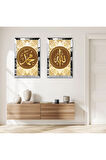 GÜMÜŞ AYNALI PLEKSİ ÇERÇEVELİ GOLD DESENLİ ALLAH VE MUHAMMET LAFZI İKİLİ MDF TABLO SETİ