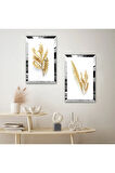 GÜMÜŞ AYNALI PLEKSİ ÇERÇEVELİ BEYAZ ARKA PLANLI GOLD ÇİÇEK İKİLİ MDF TABLO SETİ