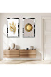 GÜMÜŞ AYNALI PLEKSİ ÇERÇEVELİ GRİ BEYAZ ARKA PLANLI GOLD ÇİÇEK İKİLİ MDF TABLO SETİ