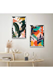 GÜMÜŞ AYNALI PLEKSİ ÇERÇEVELİ BEYAZ ARKA PLANLI RENKLİ SOYUT MODERN ŞEKİLLER İKİLİ MDF TABLO SETİ