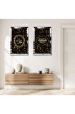 GÜMÜŞ AYNALI PLEKSİ ÇERÇEVELİ SİYAH ARKA PLANLI MODERN GOLD IŞILTILI DİNİ İKİLİ MDF TABLO SETİ
