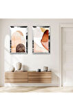 GÜMÜŞ AYNALI PLEKSİ ÇERÇEVELİ KREM RENGİ MODERN ÇİZİM İKİLİ MDF TABLO SETİ