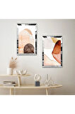GÜMÜŞ AYNALI PLEKSİ ÇERÇEVELİ KREM RENGİ MODERN ÇİZİM İKİLİ MDF TABLO SETİ